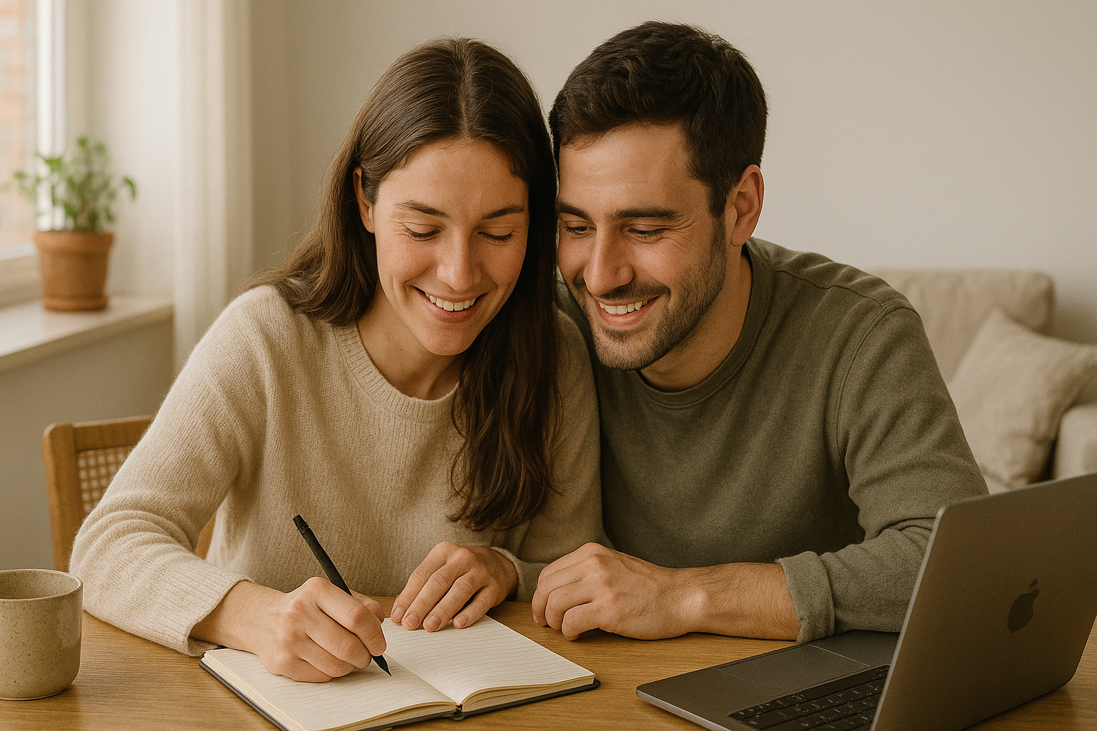 A couple planning their wedding together, sharing a moment of joy and excitement