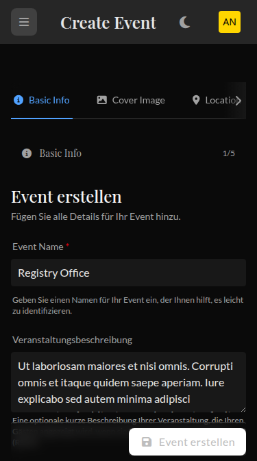 Wedset.app event creation interface showing multiple wedding events