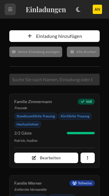Wedset.app invite management showing QR codes and personalized links