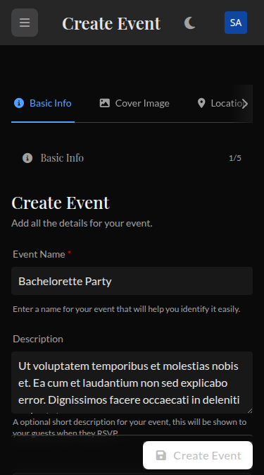 Wedset.app event creation interface showing multiple wedding events