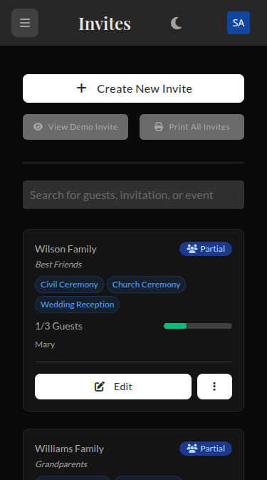 Wedset.app invite management showing QR codes and personalized links