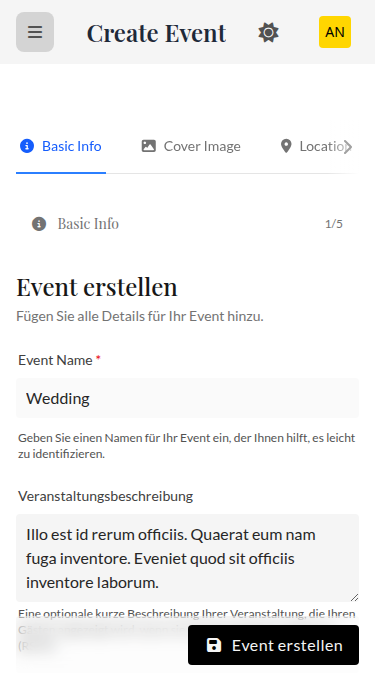 Wedset.app event creation interface showing multiple wedding events
