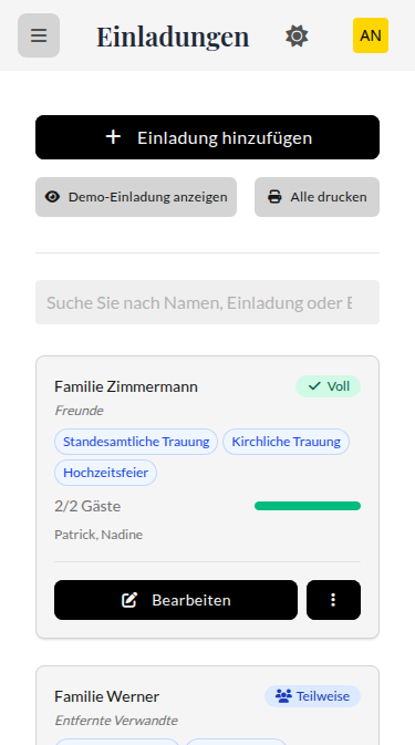 Wedset.app invite management showing QR codes and personalized links