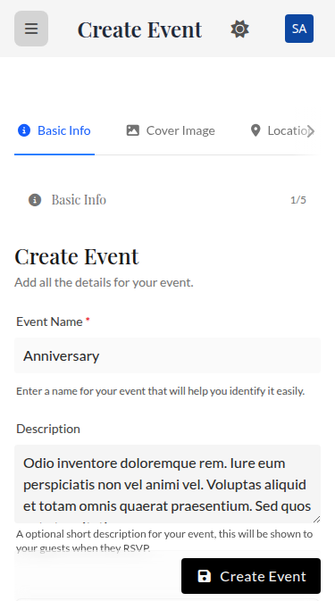 Wedset.app event creation interface showing multiple wedding events