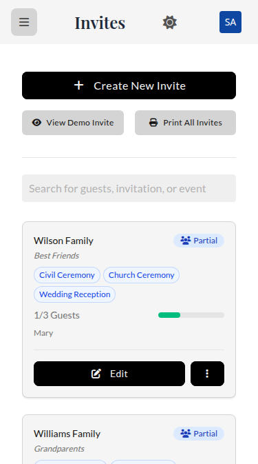 Wedset.app invite management showing QR codes and personalized links